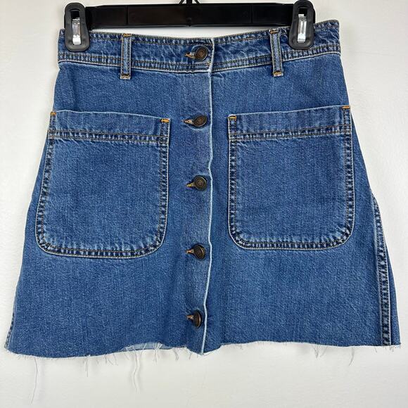 ZARA Woman Button-Up Pocket 100% Cotton Medium Wash Mini Denim Jean Skirt XS - Picture 1 of 6